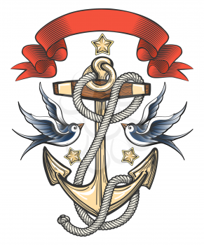 Anchor with swallows and ribbon. Tattoo design. Vector illustration.
