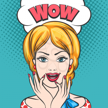 Surprised woman face with open mouth and Wow Bubble. Vector illustration