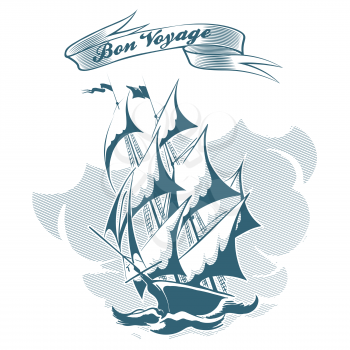 Sail ship drawn in engraving retro style and ribbon with Bon Voyage wording. Vector Illustration.