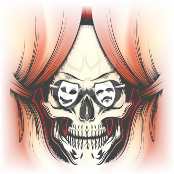 Red curtain and human skull in glasses in shape of theatre masks drawn in tattoo style. Vector illustration.