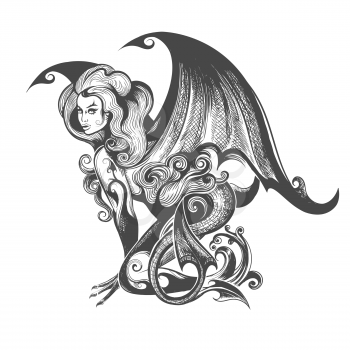 Mythological Female Demon Succubus drawn in tattoo style. Vector illustration.