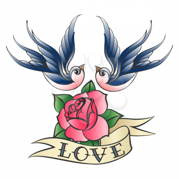 Swallows flying over rose flower and ribbon with lettering Love. Vector illustration in tattoo style.