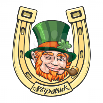 Leprechaun face on Golden Horse Shoe background. St.Patrick's Day Emblem. Vector illustration.