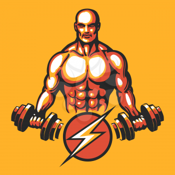 Bodybuilder in training pose with a dumbbell. Gym or fitness club emblem. Vector illustration