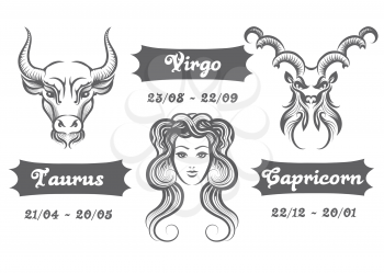 Set of Water Zodiac signs. Virgo Taurus and Capricorn drawn in engraving style. Vector illustration.