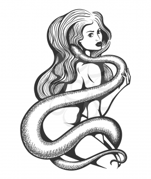 Beautiful Woman wrapped by big snake drawm in tattoo style. Vector illustration.