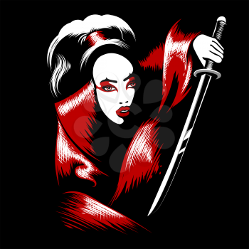 Female ninja with a katana sword. A beautiful girl in a kimono sneaks in the dark. Vector illustration.