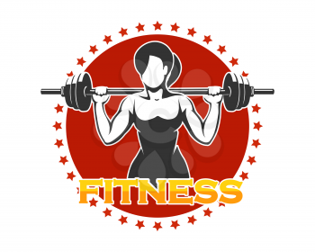 Gym or Fitness Club Emblem. Athletic Woman Holding Barbell against red circle with stars. Vector illustration. 