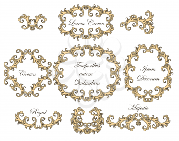 Set of vintage baroque engraving floral scroll filigree elements. Vector illustration.