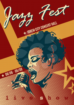 Singing woman with microphone. Jazz festival design template in retro style. Vector illustration.