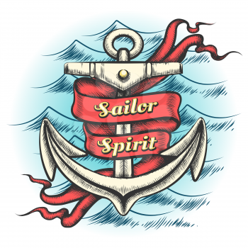 Old vintage anchor and ribbon with wording Sailor spirit on ocean waves pattern drawn in tattoo style. Vector illustration.