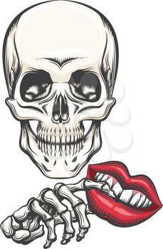 Human skull and Toy Lips in skeleton hand drawn in tattoo stytle. Vector illustration.