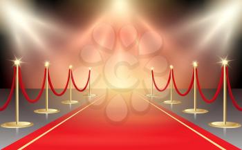 Vector illustration of red carpet in festive stage lights. Event design element. Vector illustration.
