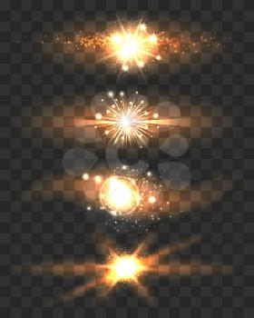 Golden Stars with Glow Light Effects on Transparent Background. Vector Illustration.
