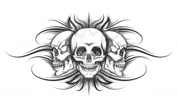 Three human skulls drawn in tattoo style. Vector illustration.