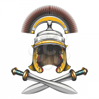 Roman Empire centurion helmet with crossed swords drawn in engraving style. Vector illustration.