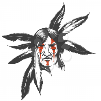 Hand drawn illustration of native american indian warrior. Tribal native american with painted face and feathers. Vector illustration.