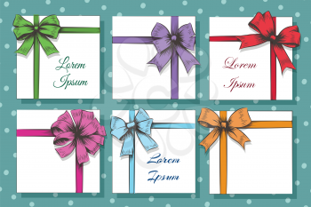 Set of Hand Drawn Cards With colorful Gift Bows And Ribbons. Vector illustration