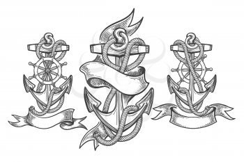 Hand Drawn Anchor Set. Three anchors with ribbons in tattoo style. Vector illustration.
