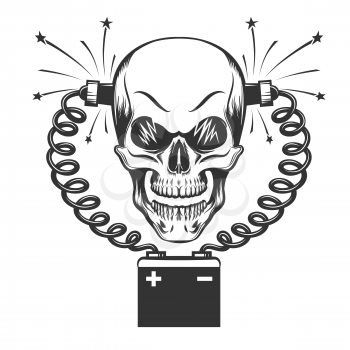 Smilling Skull charging by car battery drawn in engraving style. Vector illustration.