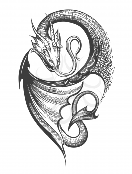 Hand made Dragon drawn in Tattoo Engraving Style. Vector Illustration.