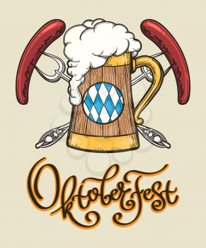 Retro Oktoberfest design. Poster with beer mug and two sausages on forks. Vector illustration.