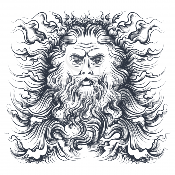 Roman sea god Neptune head. Mythology character drawn in engraving style. Vector illustration.