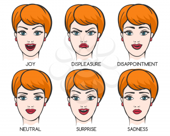 Girl with six different face expressions. Vector Illustration.