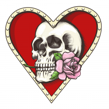 Human Skull with Rose flower in Red Heart Shaped Hole drawn in tattoo style. Vector illustration. 