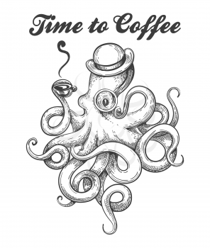 Octopus in bowler hat and eyeglass with cup of coffee in tentacle. Octopus Tattoo style with wording Time of Coffee. Vector illustration.