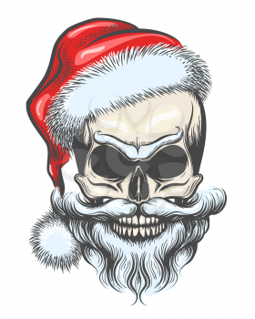Bearded Skull in Santa Claus Hat drawn in tattoo Style. Vector illustration.