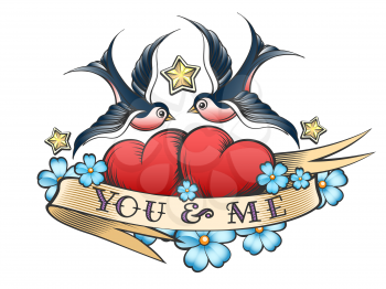 Retro tattoo style swallows and Two hearts. Hearts with flower and ribbon with wording You and Me. Vector illustration.