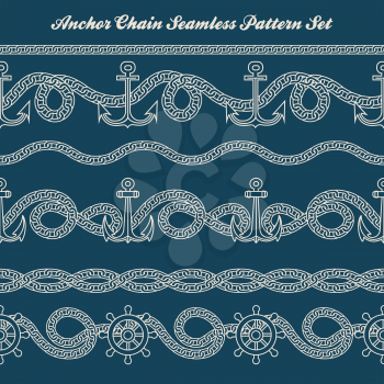 Six nautical patterns with anchor and chain. Vector illustration.