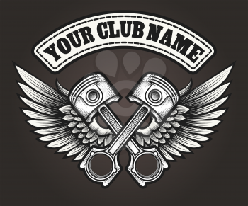 Biker club emblem. Motor club winged pistons vintage label. Vector illustration