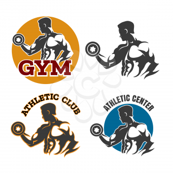 Gym or fitness emblems with bodybuilder holds dumbbel. Sport label or athletic club design element. Vector illustration.