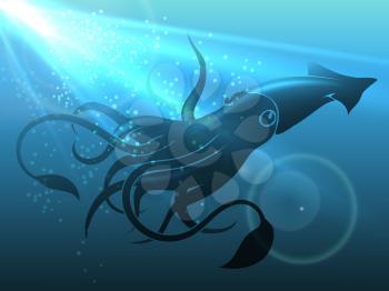 Giant Squid in Deep Water. Vector Illustration.