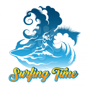Surfing Girl ride on big Wave. Retro poster with wording Surfing Time. Vector Illustration.