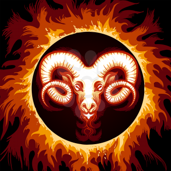 Ram head in Flame. Zodiac symbol Aries on fire background. Vector illustration.