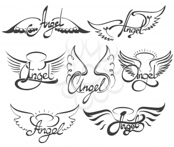 Angel wings icon sketch set. Seven Hand drawn lettering Angel with wings and Nimbus. Vector illustration.