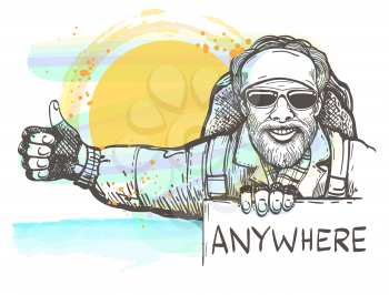 Hitchhiking man with drawn in sketch style. Hitchhiking Travel concept. Vector illustration.