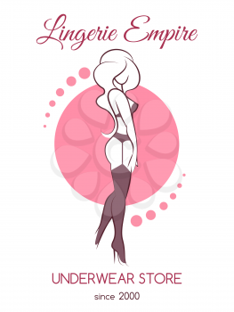 Lingerie Shop or underwear Store Emblem in Retro style with woman silhouette in sexy stockings and bra. Vector illustration.