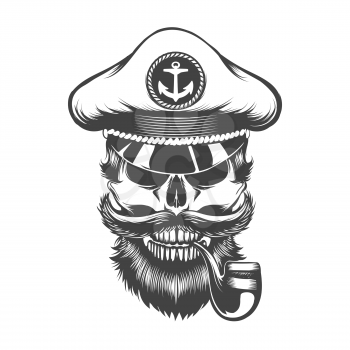 Human Skull in Captain Hat with with beard mustache and Smoking Pipe. Vector illustration.