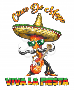 Mexican Holiday Cinco de Mayo Retro Poster with Pepper in Sombrero plays a guitar and spanish slogan Viva la fiesta what means live the party. Vector Illustration.