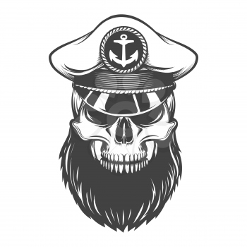Bearded skull in sea captain hat. Vector illustration.
