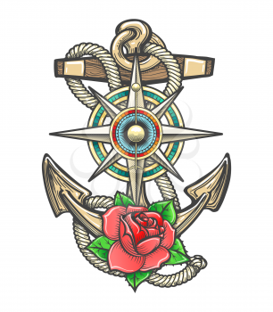 Old ship Anchor in ropes with Compass Windrose and Rose Flower. Vector illustration.