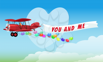 Flying Red Airplane with poster You and Me and Festive Helium Balloons. Vector illustration.