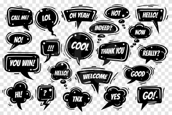 Speech bubbles set on transparent background. Various shapes with wording Hi, lol, ok, love, yes, no, bye, cool etc. Vector illustration.