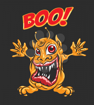 Cartoon Yellow Monster with huge open Mouth and Wording Boo. Vector illustration.
