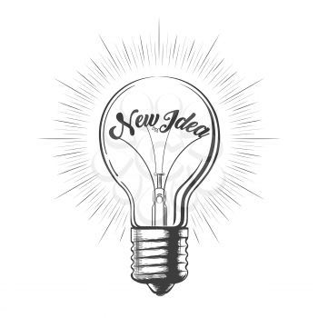 Light bulb with wording New Idea drawn in Engraving style. Vector illustration.