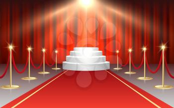 Red event carpet, gold barriers and white stairs Podium on Red curtains background. Vector illustration.